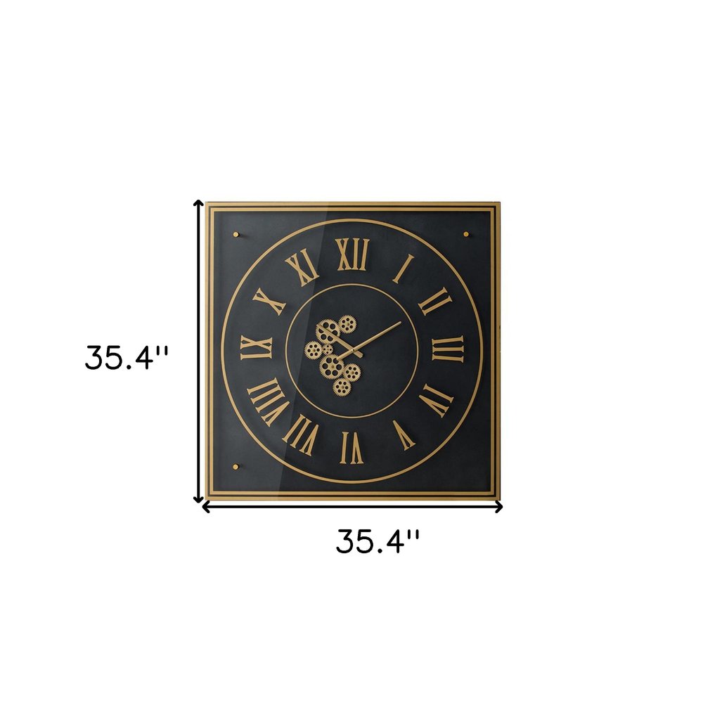 35" Black And Gold Glass And Metal Exposed Gear Square Wall Clock