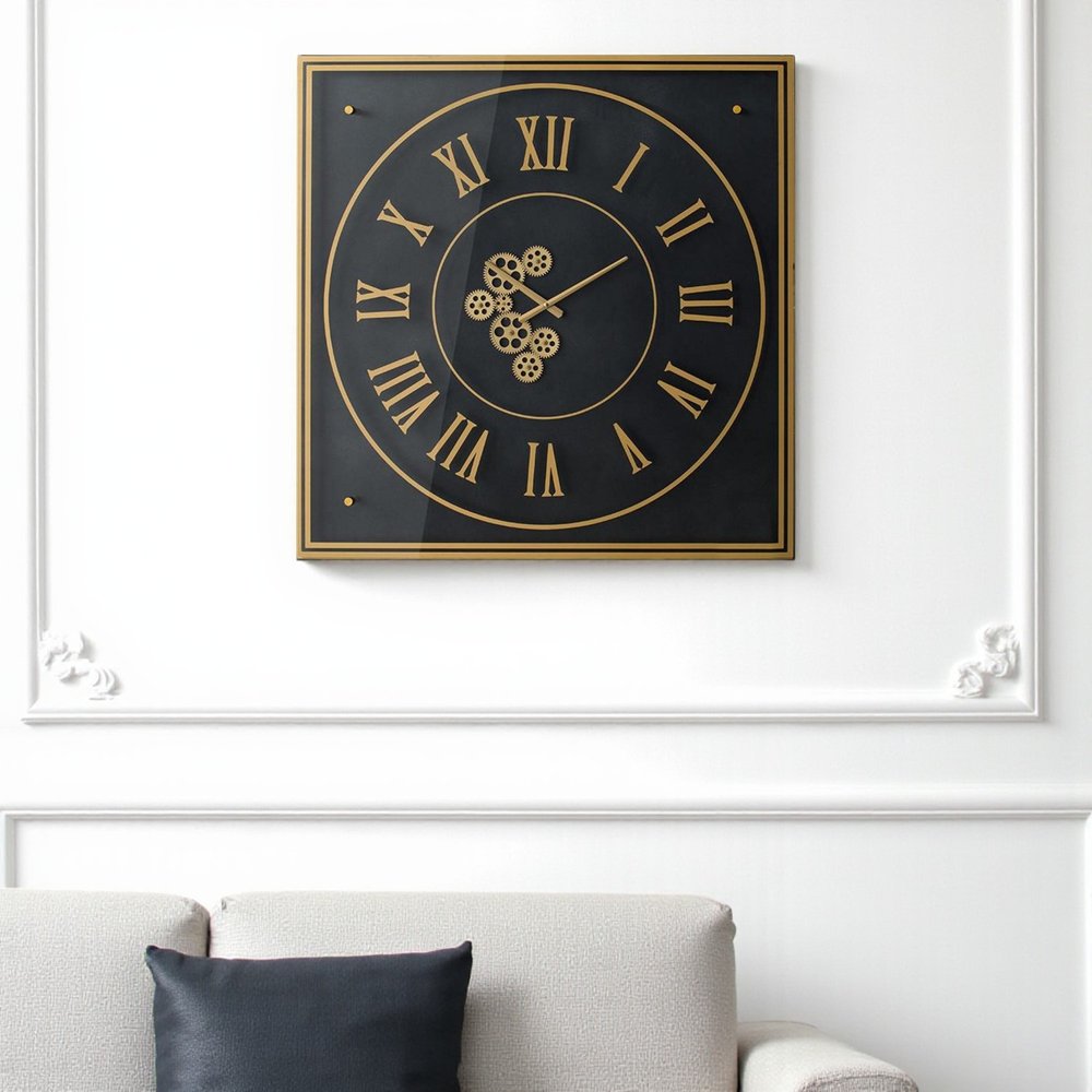 35" Black And Gold Glass And Metal Exposed Gear Square Wall Clock