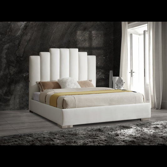 White Wood And Faux Leather Queen Bed Frame with USB