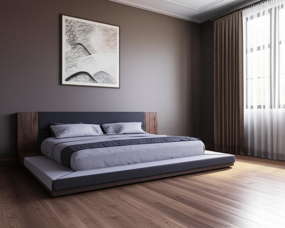 Gray and Walnut Wood And Upholstery Queen Bed Frame With Attached Nightstands