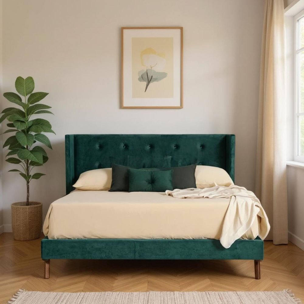 Green Wood And Tufted Velvet Queen Bed Frame