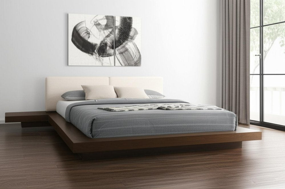 Walnut and White Wood And Faux Leather King Bed Frame With Attached Nightstands