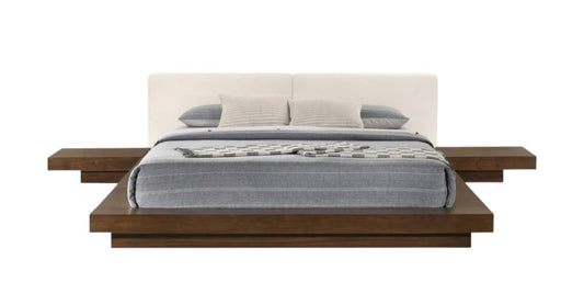Walnut and White Wood And Faux Leather King Bed Frame With Attached Nightstands
