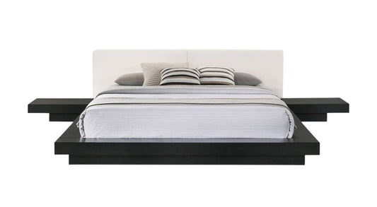 Black and White Wood And Faux Leather King Bed Frame With Attached Nightstands