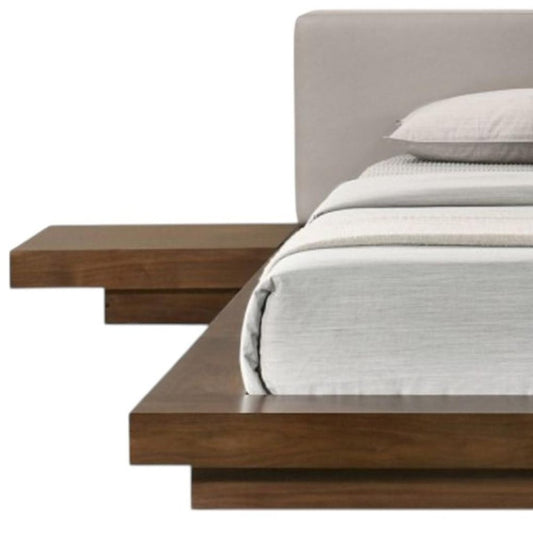Gray and Walnut Wood And Faux Leather King Bed Frame With Attached Nightstands