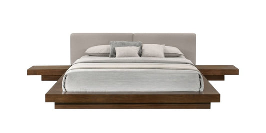 Gray and Walnut Wood And Faux Leather King Bed Frame With Attached Nightstands