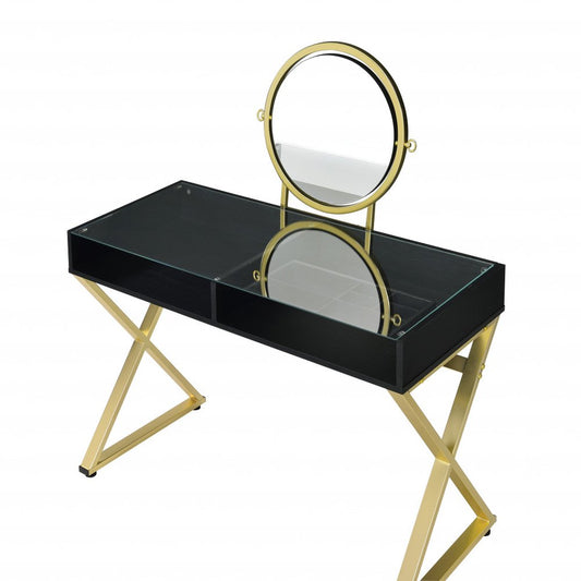 42" Black And Gold Glass and Wood Mirrored Vanity Table