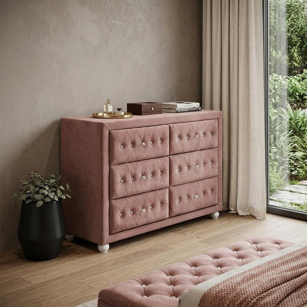 40" Pink Solid and Manufactured Wood Six Drawer Double Dresser