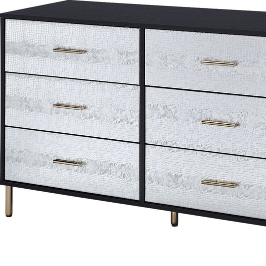 47" Black Silver and Gold Faux Croc Design Six Drawer Double Dresser
