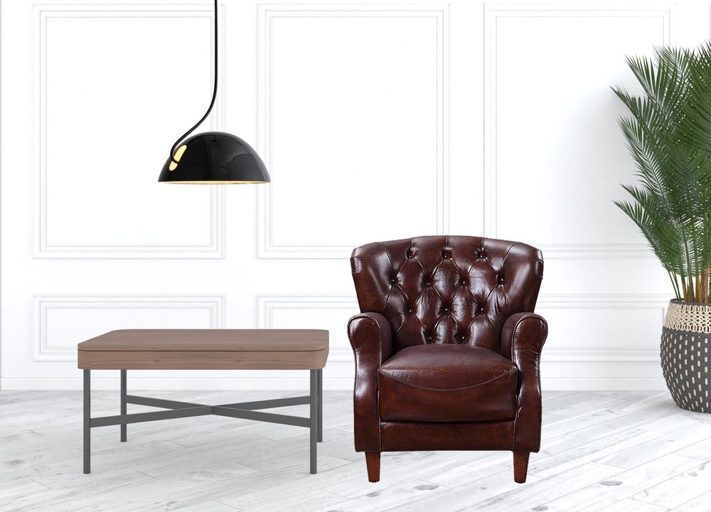 30" Brown and Steel Blue Top Grain Leather Tufted Club Chair