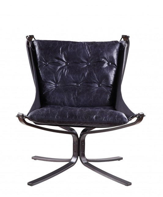 30" Blue and Steel Blue Top Grain Leather Tufted Lounge Chair