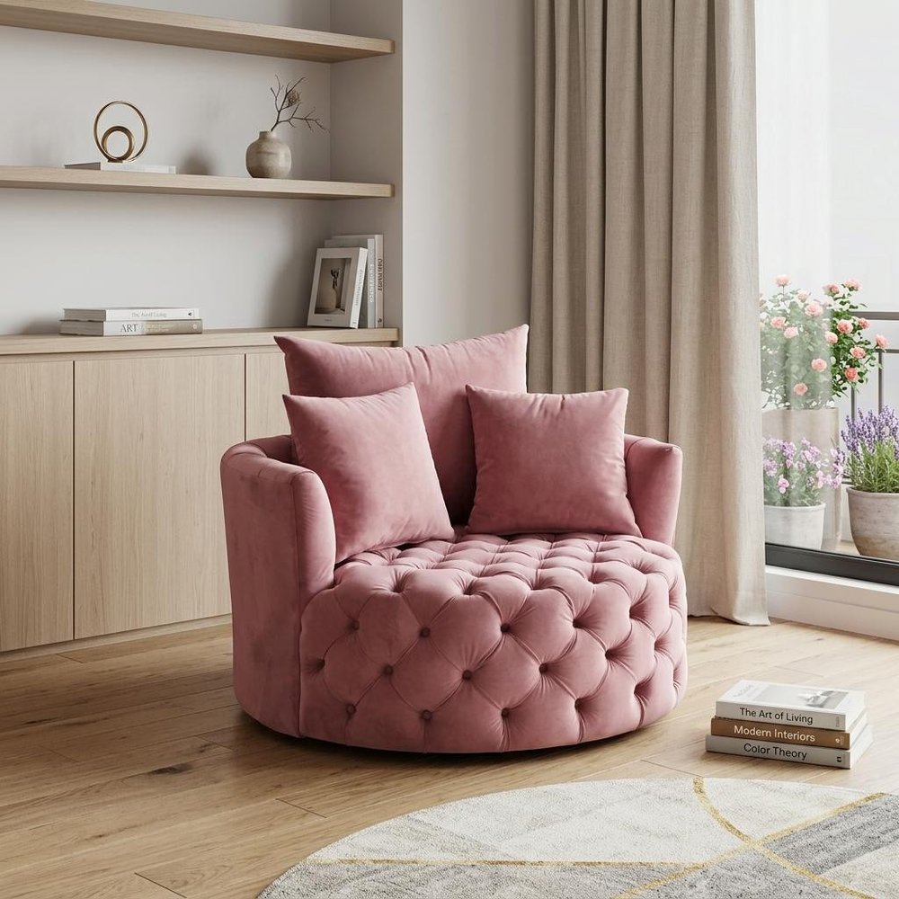 43" Pink Velvet Tufted Swivel Barrel Chair And Toss Pillows
