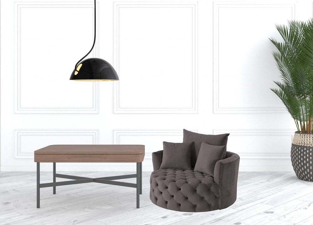 43" Gray Velvet Tufted Swivel Barrel Chair And Toss Pillows