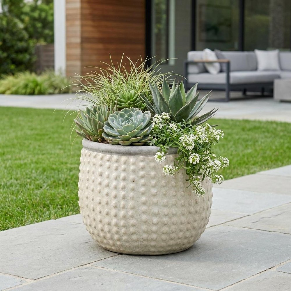 6" Beige Dot Ceramic Indoor Outdoor Round Pot Planter