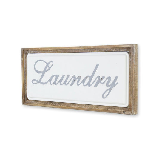 11" X 24" Brown and White Laundry Wood and Metal Wall Decor