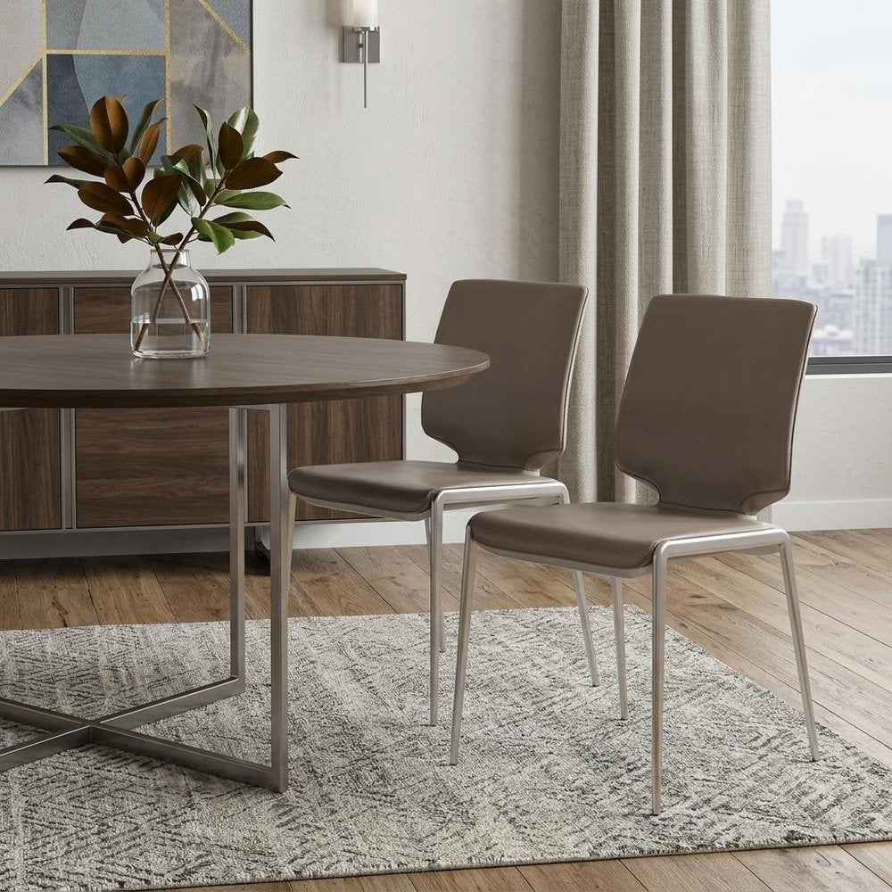 Set of Two Dark Gray And Silver Upholstered Faux Leather Dining Side Chairs