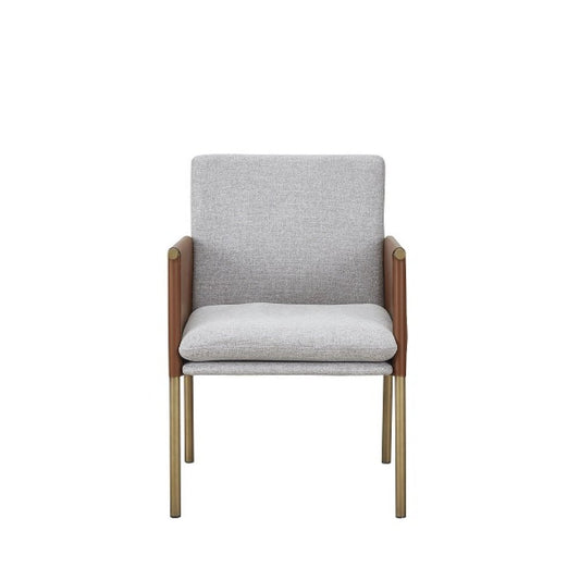 Light Gray And Antiqued Brass Upholstered Fabric Dining Arm Chair