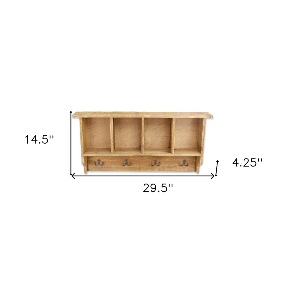 30" Natural Wood Four Hook Wall Mount Coat Rack