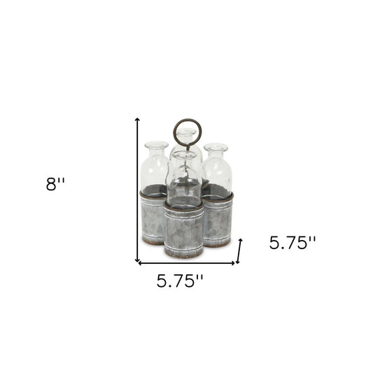 Set of Four Clear Galvanized Metal And Glass Decorative Bottle