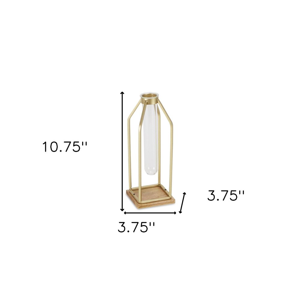11" Gold Clear And Natural Metal Glass And Wood Test Tube Table Vase