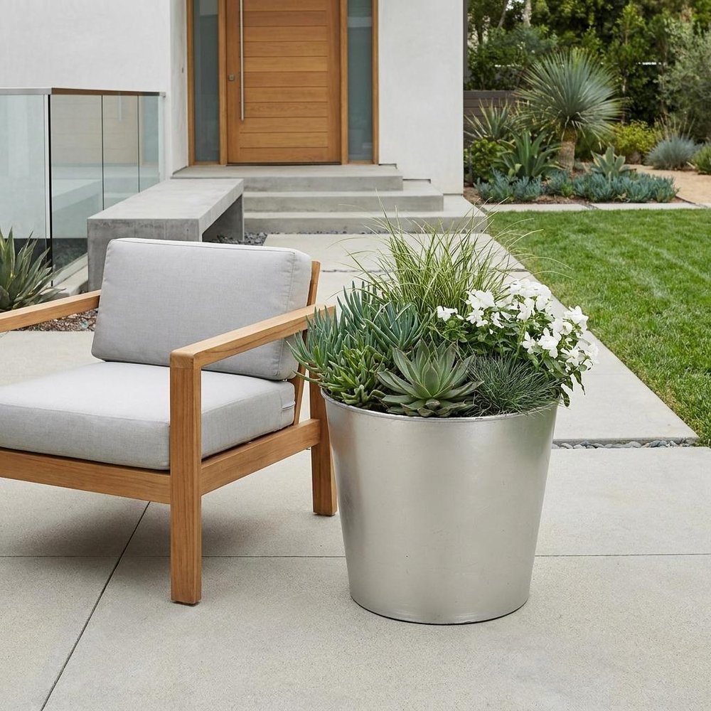 9" Silver Recycled Plastic Indoor Outdoor Round Pot Planter