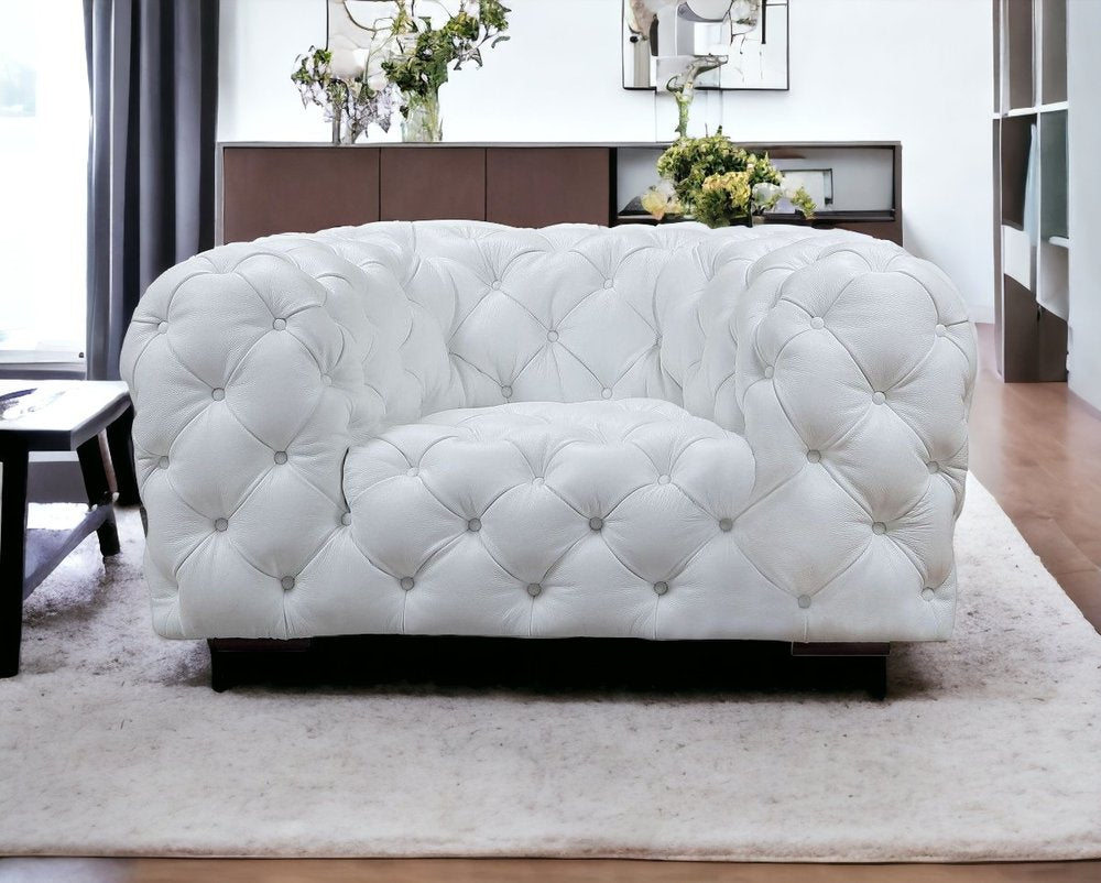 57" White And Black Top Grain Leather Tufted Arm Chair