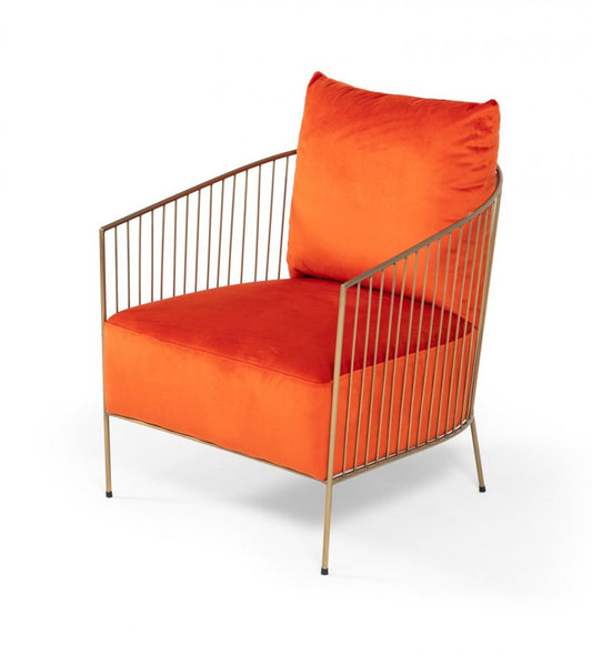 27" Orange And Gold Velvet Arm Chair