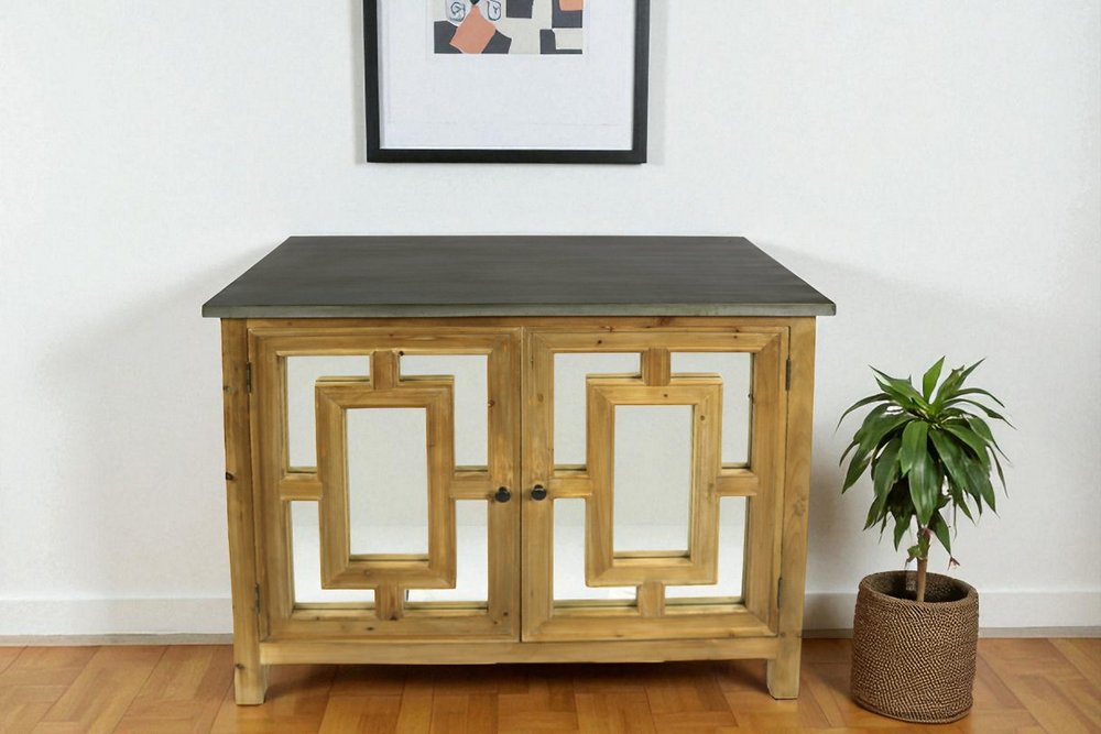 45" Brown And Gray Solid Wood Carved Geometric Sideboard with Two Doors