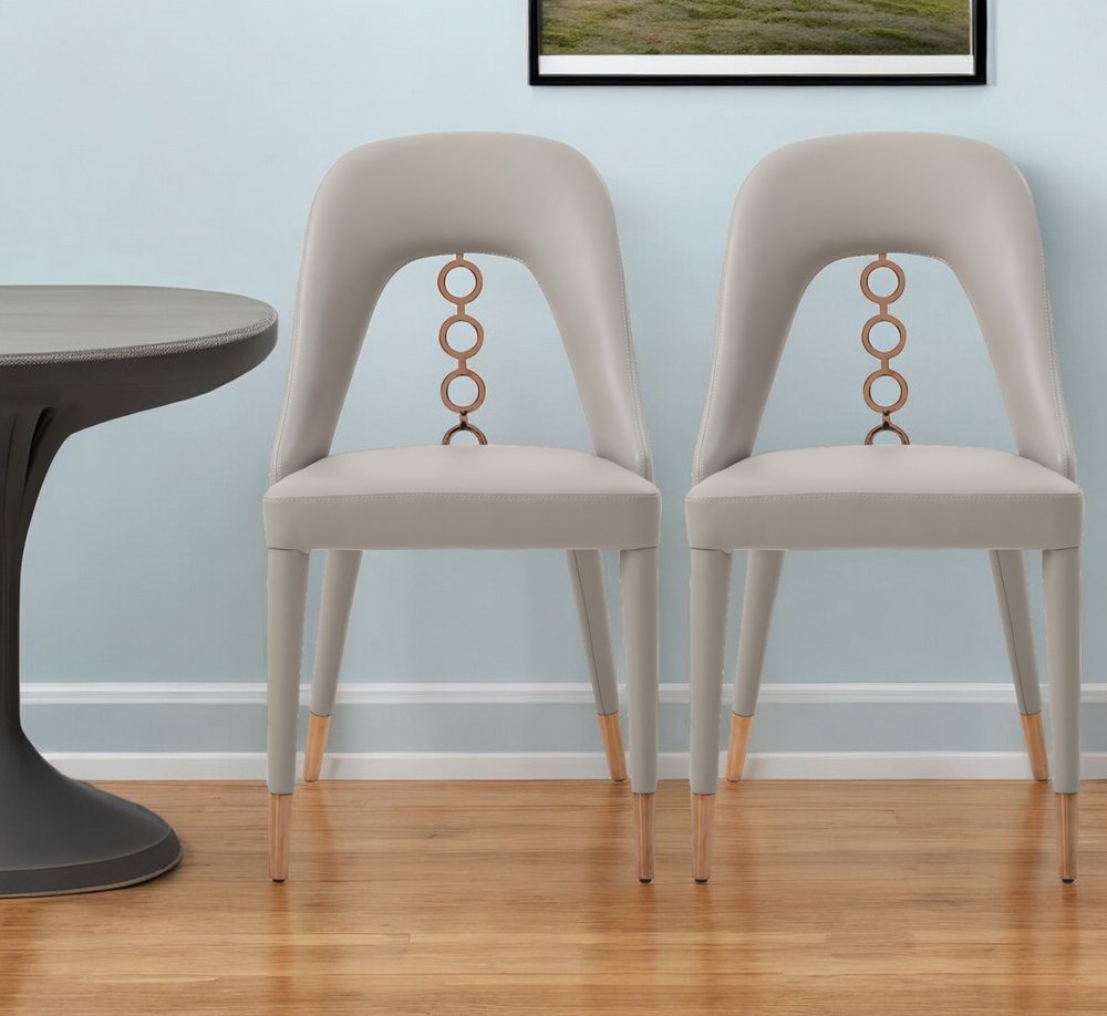 Set of Two Light Gray Faux Leather Dining Side Chairs With Rose Gold Accents