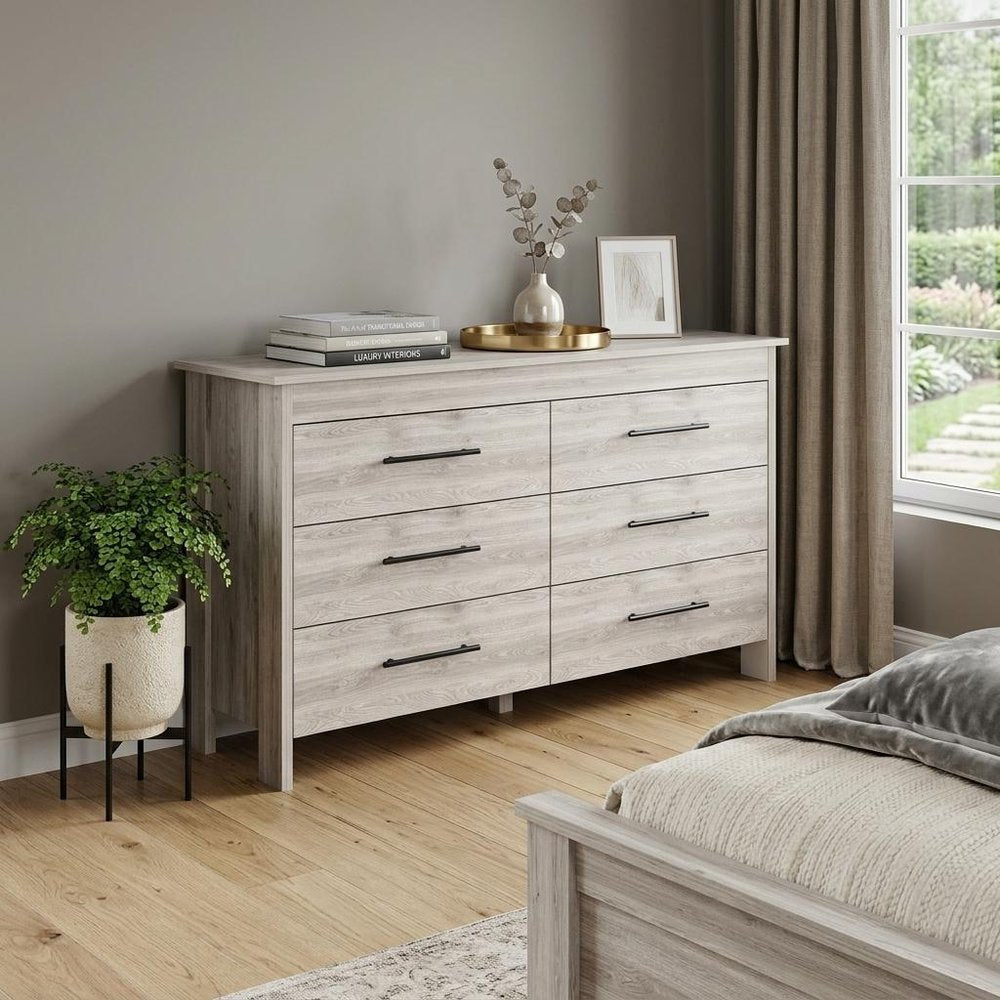 59" Natural And Black Wood Six Drawer Double Dresser