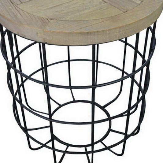 24" Natural and Black Solid Wood and Iron Round Frame End Table