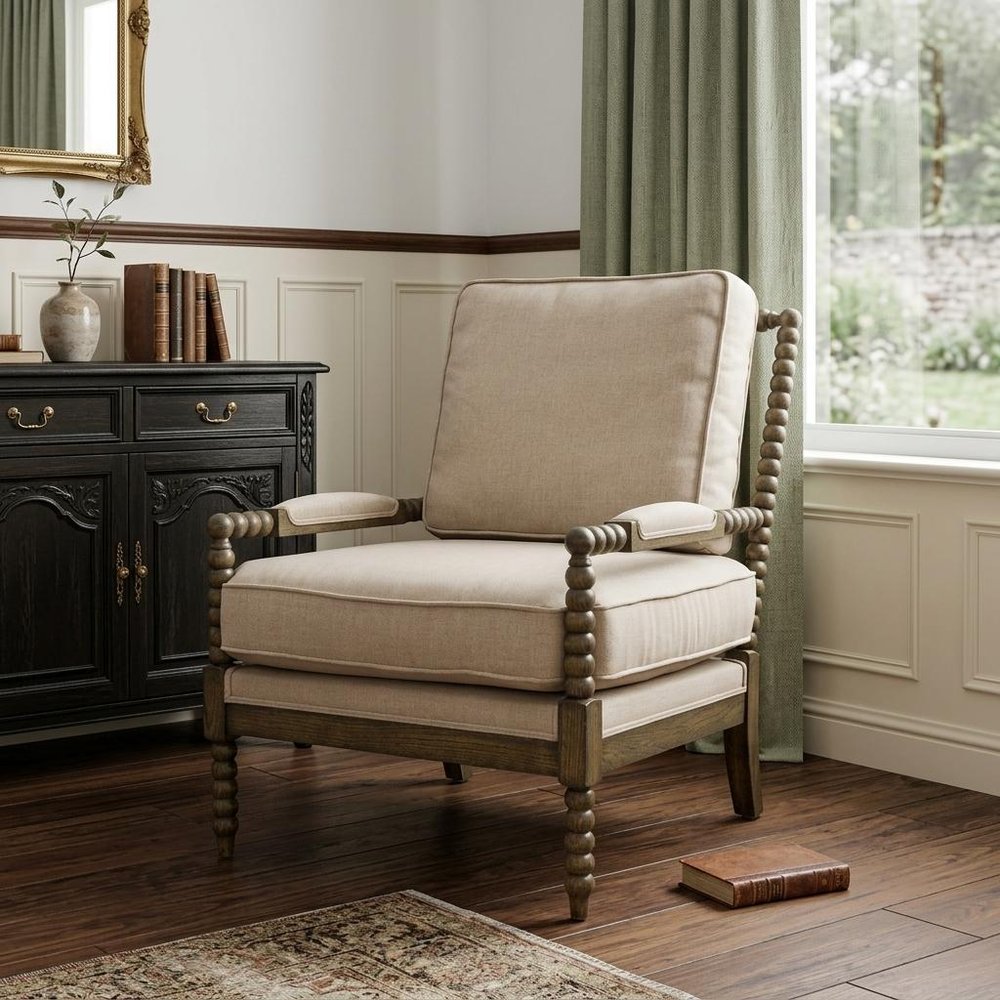 25" Ivory Cushion And Natural Beaded Arm Chair