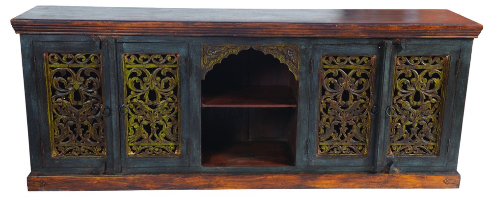 91" Brown Gray and Green Solid Wood Buffet Table with Two Doors