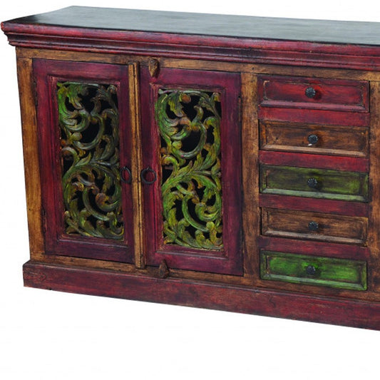 84" Brown Gray and Green Solid Wood Five Drawer Buffet Table with Four Doors