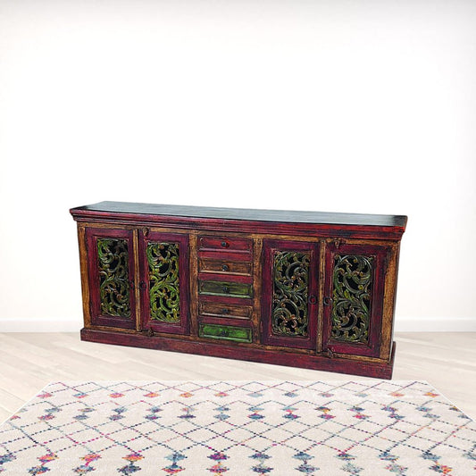 84" Brown Gray and Green Solid Wood Five Drawer Buffet Table with Four Doors