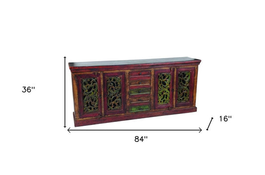 84" Brown Gray and Green Solid Wood Five Drawer Buffet Table with Four Doors