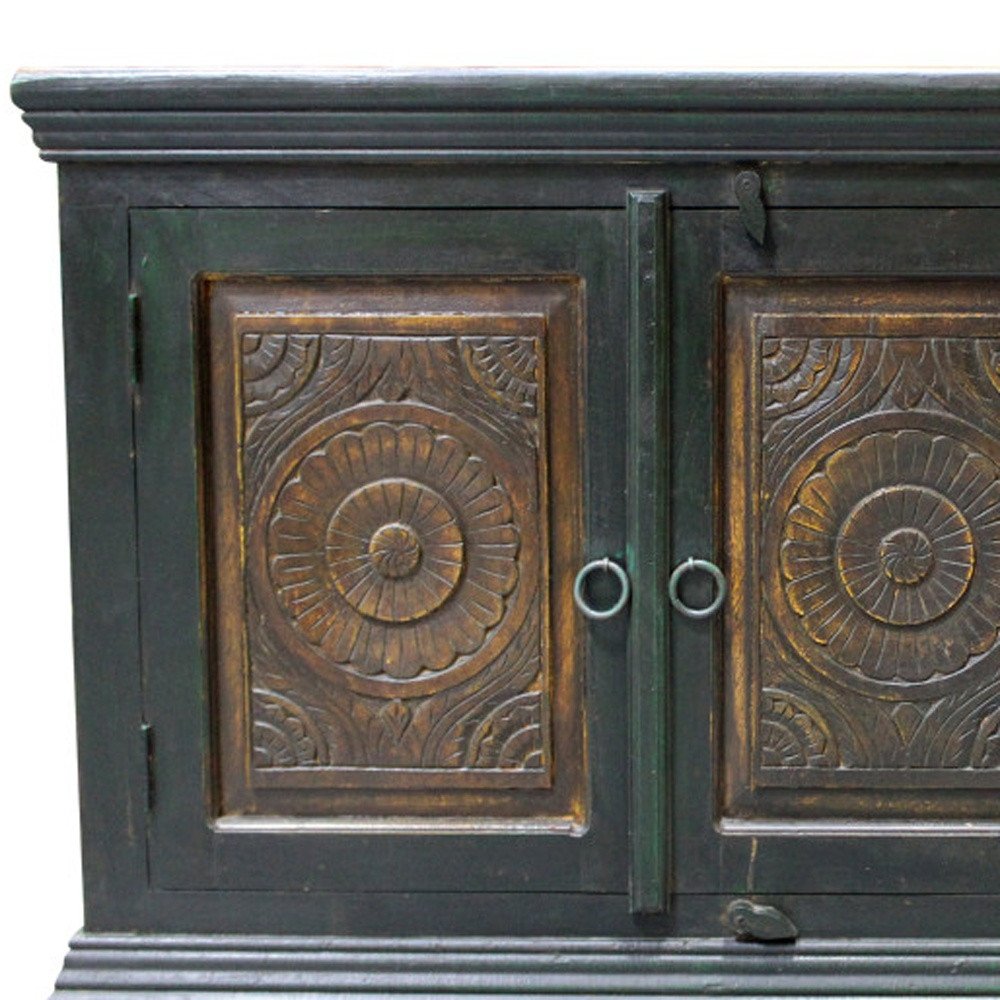60" Dark Brown and Green Solid Wood Three Drawer Buffet Table with Two Doors