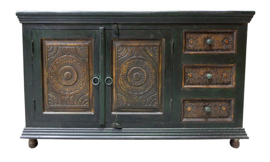 60" Dark Brown and Green Solid Wood Three Drawer Buffet Table with Two Doors