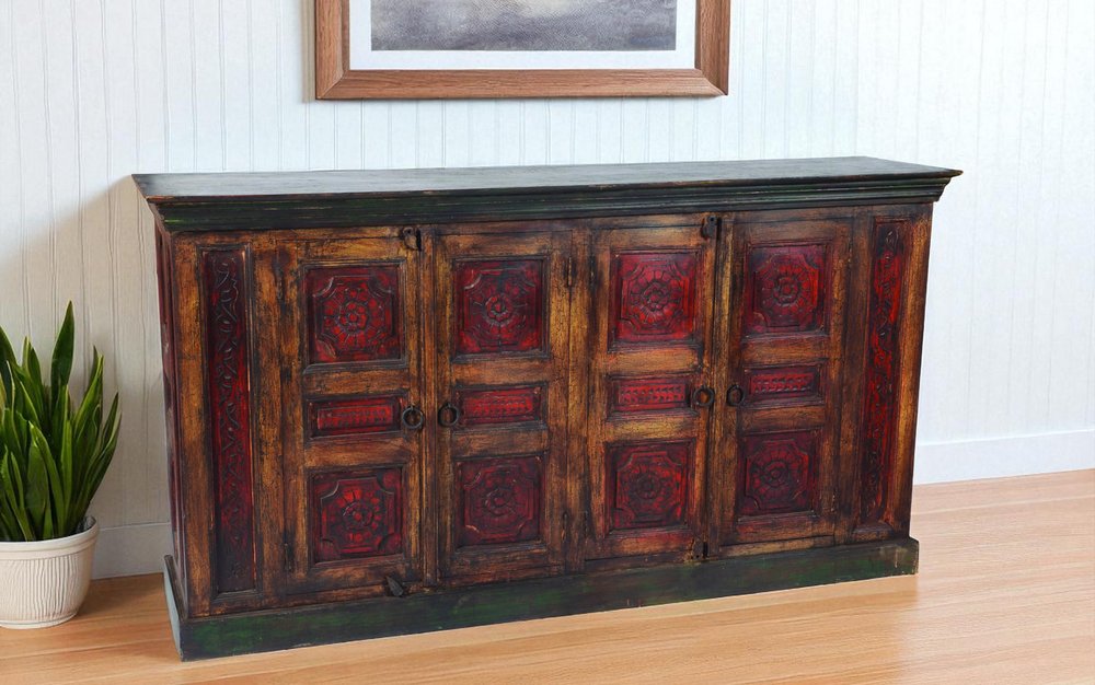 80" Brown And Red Distressed Solid Wood Carved Floral Buffet Table with Four Doors