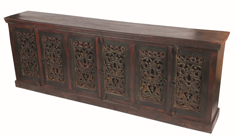 101" Brown and Green Solid Wood Buffet Table with Six Doors