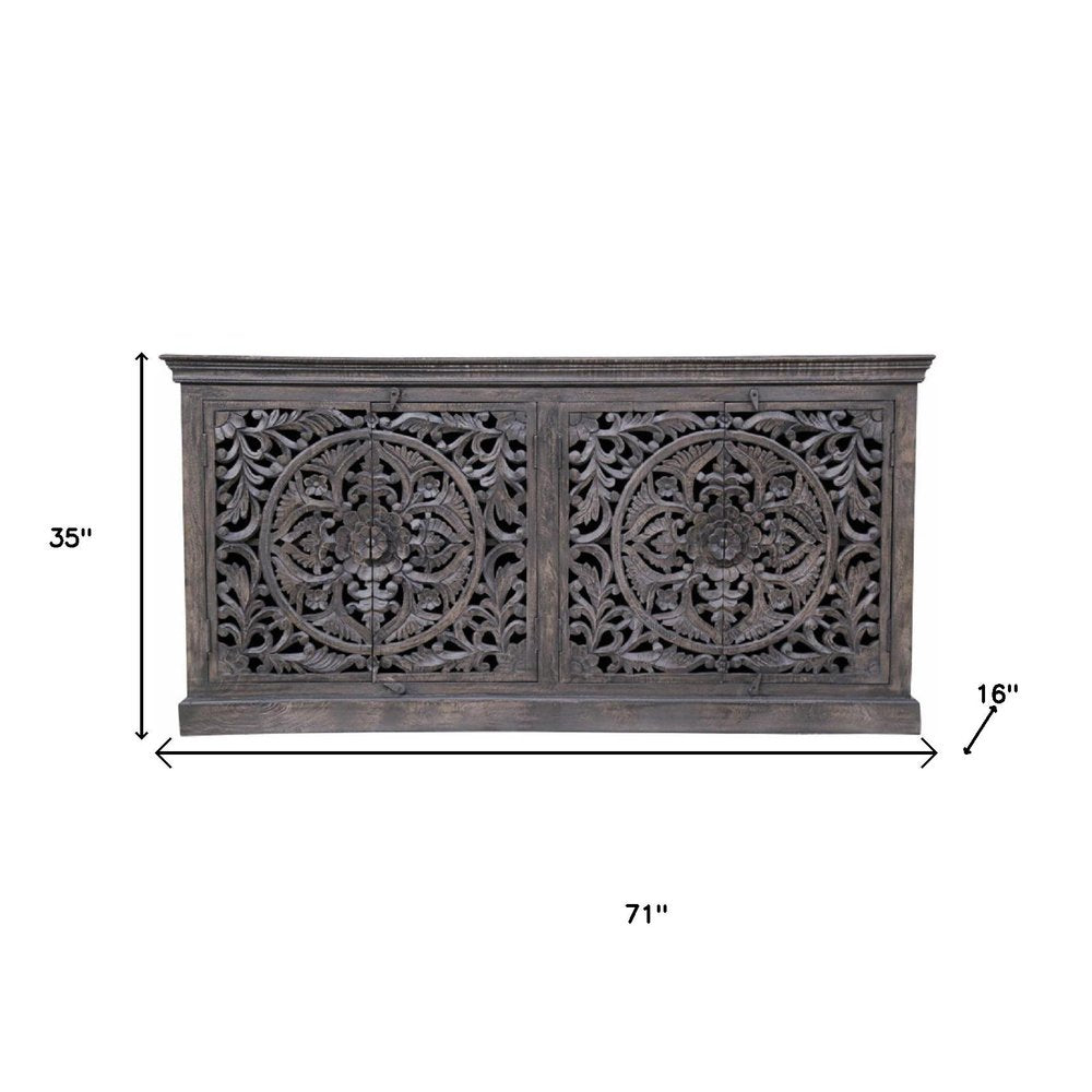 71" Gray Distressed Solid Wood Carved Floral Sideboard with Four Doors