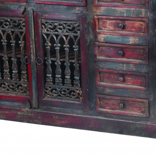 90" Brown Solid Wood Nine Drawer Buffet Table with Four Doors