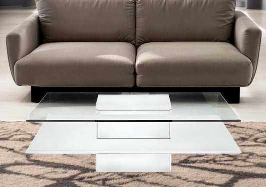 39" Clear and White Glass And Wood Square Pedestal Coffee Table With Shelf