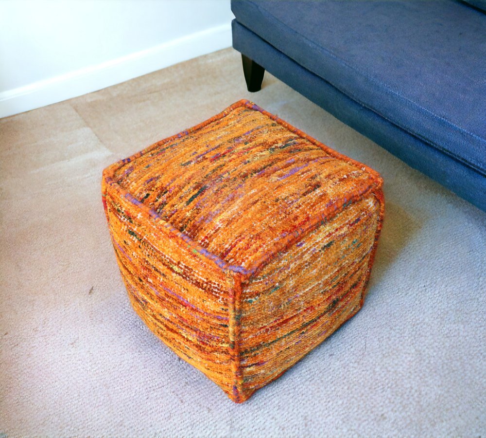 18" Orange Recycled Silk and Cotton Blend Cube Pouf Ottoman
