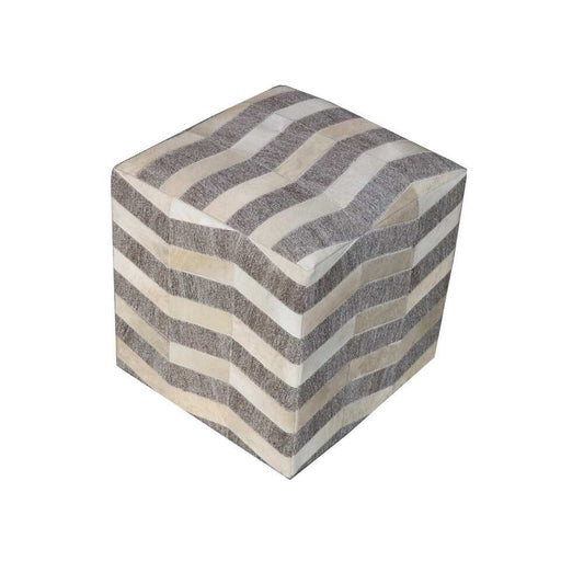18" Gray and Beige Hair on Hide Cube Chevron Pouf Ottoman