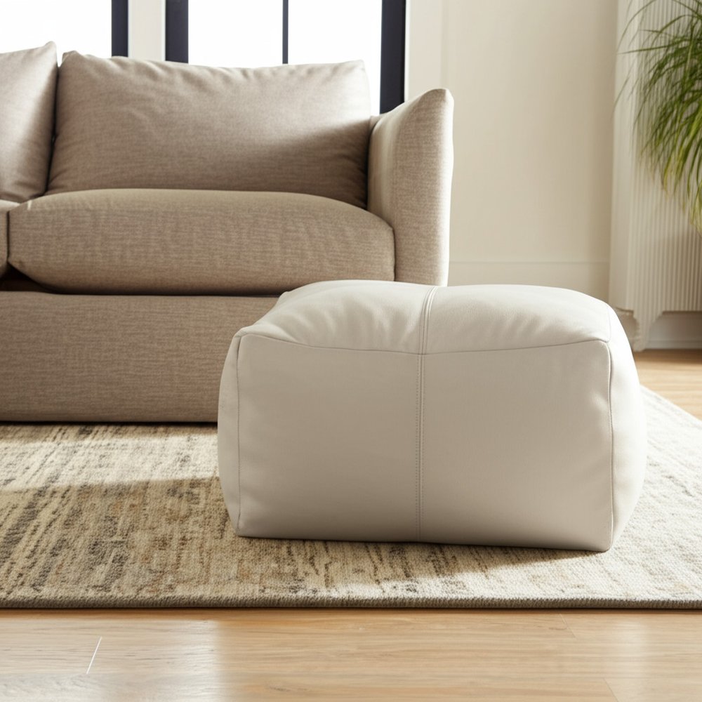 22" Ivory Leather Pouf Ottoman
