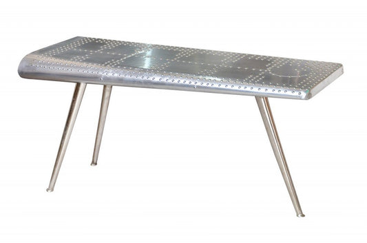 56" Silver Aluminum and Solid Wood Three Leg Console Table