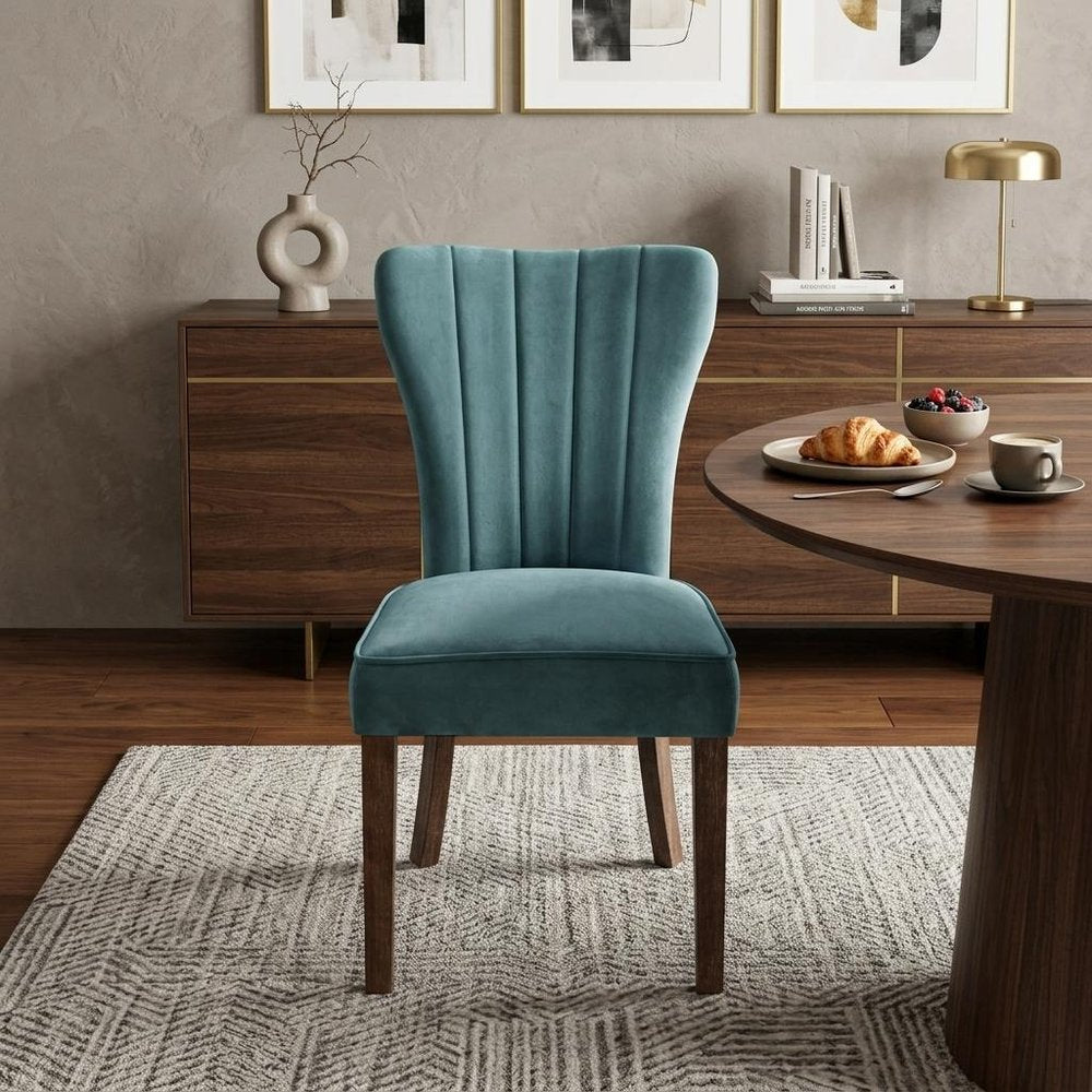 Set of Two Teal Blue and Brown Upholstered Velvet Dining Parsons Chairs