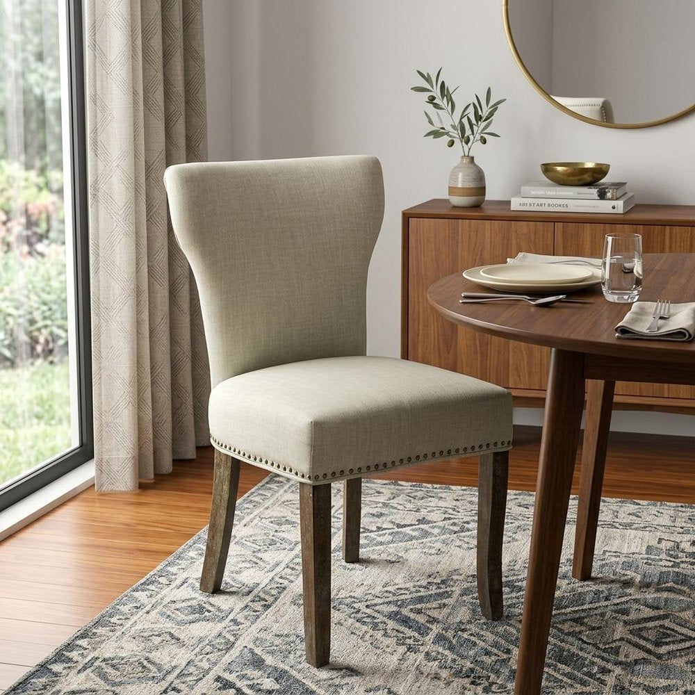 Set of Two Ivory and Brown Upholstered Fabric Dining Parsons Chairs