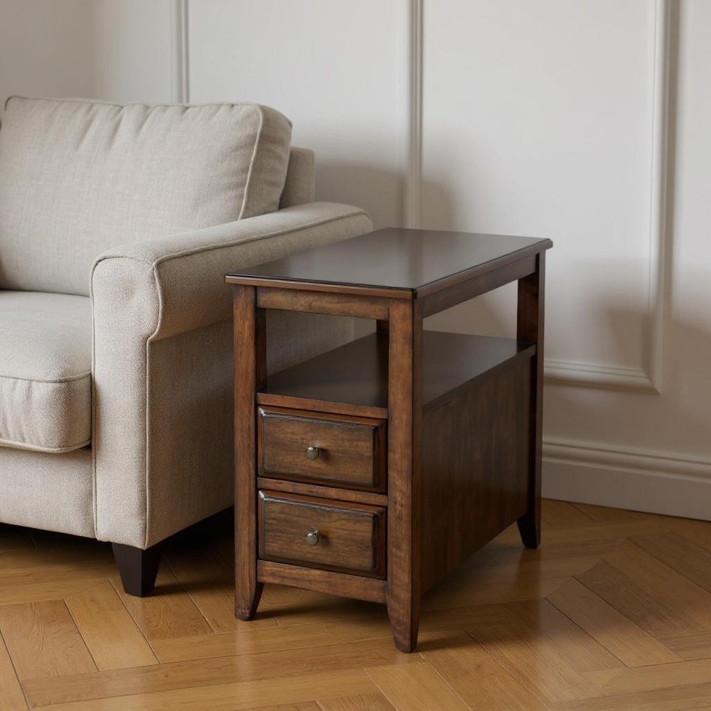 24" Brown Distressed End Table With Two Drawers And Shelf